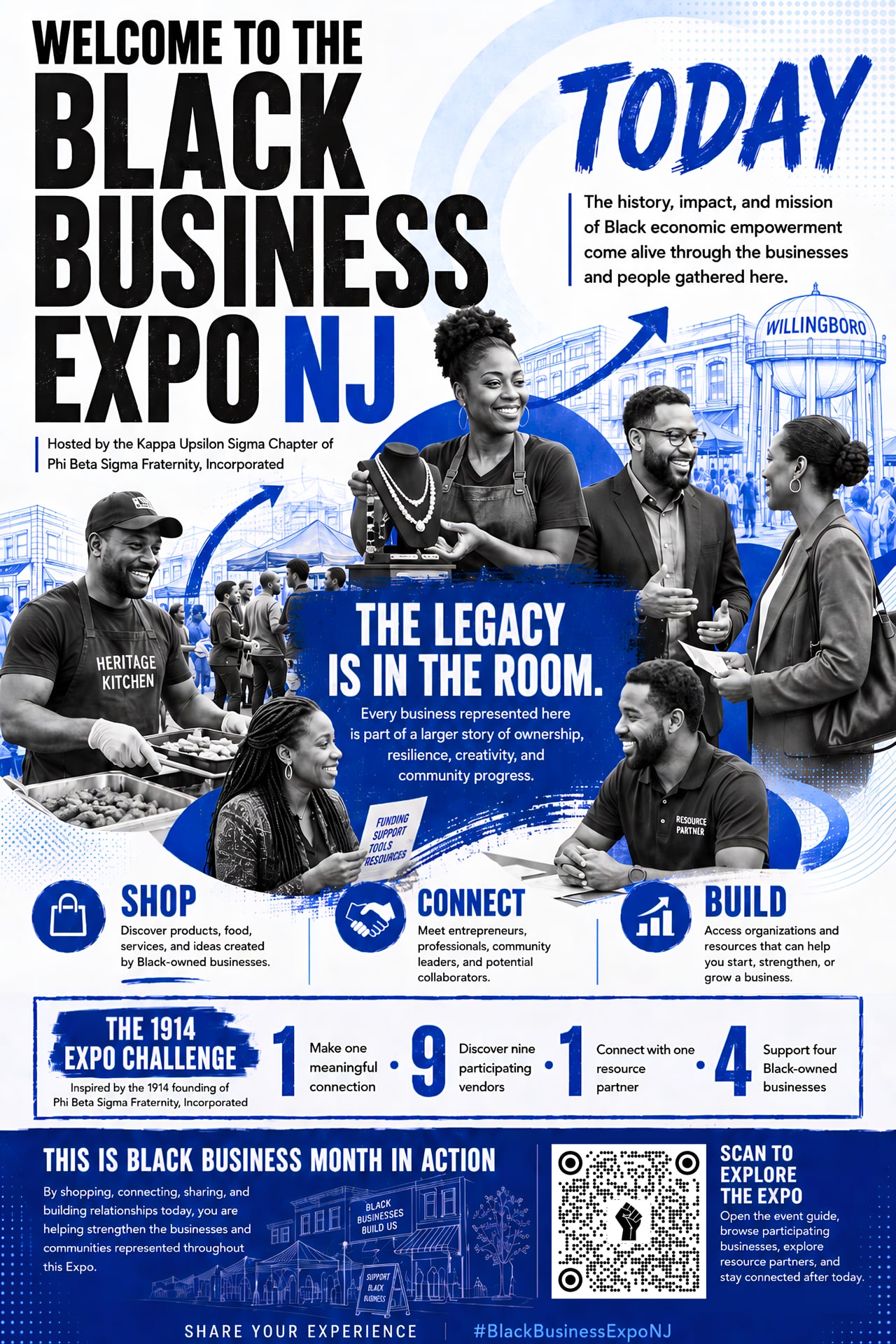 Black Business Expo NJ legacy poster featuring vendors, entrepreneurs, resource partners, Willingboro landmarks, and the 1914 Expo Challenge.