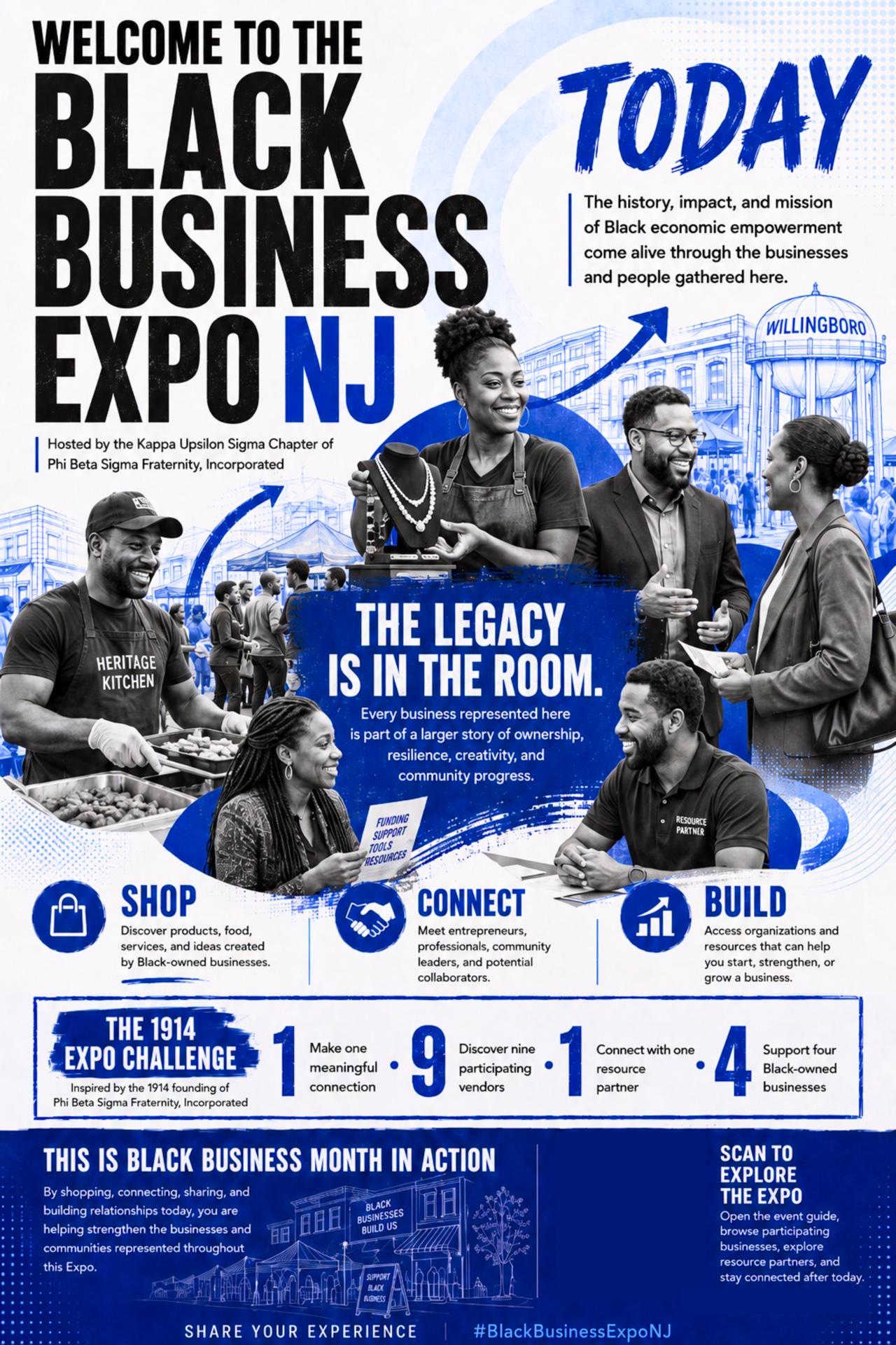 Black Business Expo NJ welcome exhibit poster showing a marketplace and resource-partner collage.
